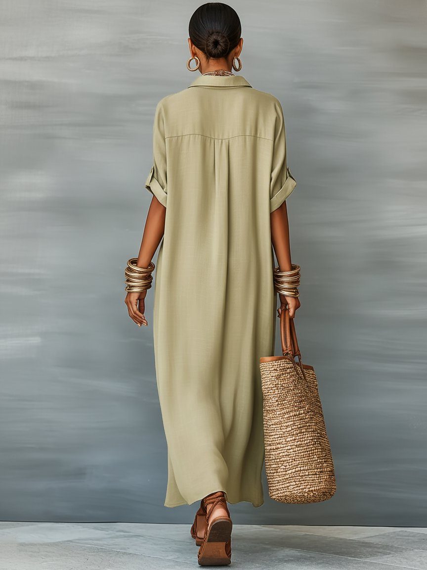 Maxi-Leinen-Hemdblusenkleid für Damen – Mit weitem Schnitt und Kurzarm 2
