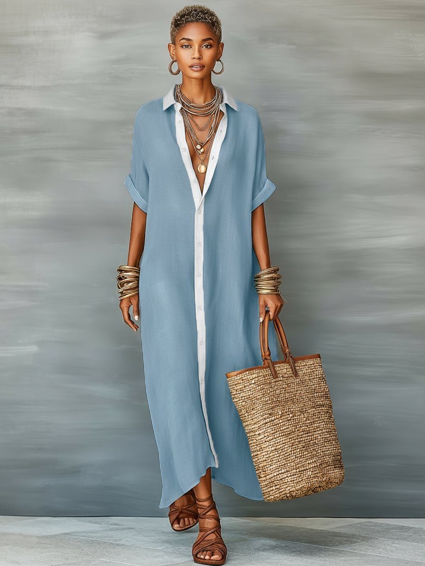 Maxi-Leinen-Hemdblusenkleid für Damen – Mit weitem Schnitt und Kurzarm 4