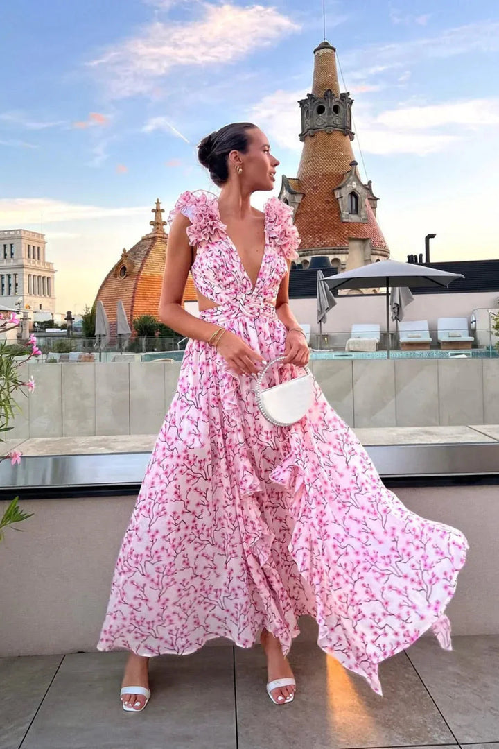 Maxikleid für Damen – Geblümt mit V-Ausschnitt und Volants 2