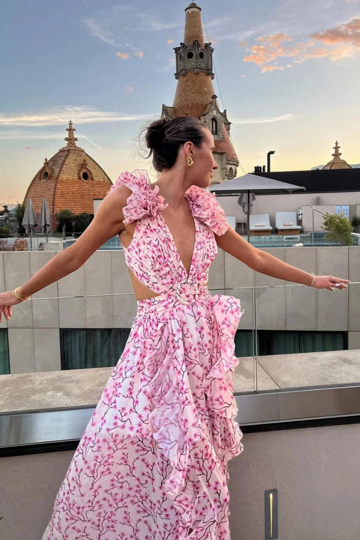 Maxikleid für Damen – Geblümt mit V-Ausschnitt und Volants 3