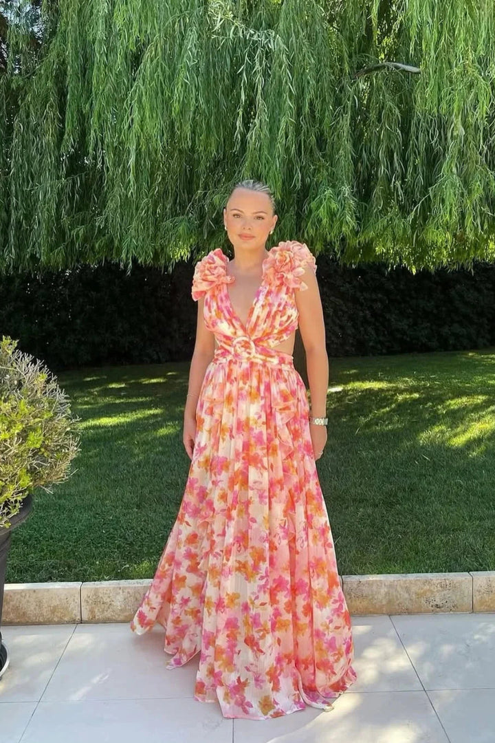 Maxikleid für Damen – Geblümt mit V-Ausschnitt und Volants 7