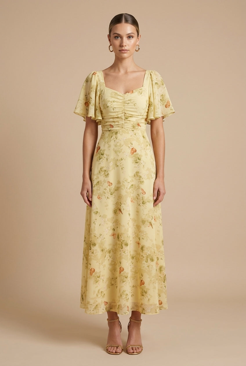 Maxikleid für Damen – Geblümt mit eckigem Ausschnitt und Volantärmeln 1
