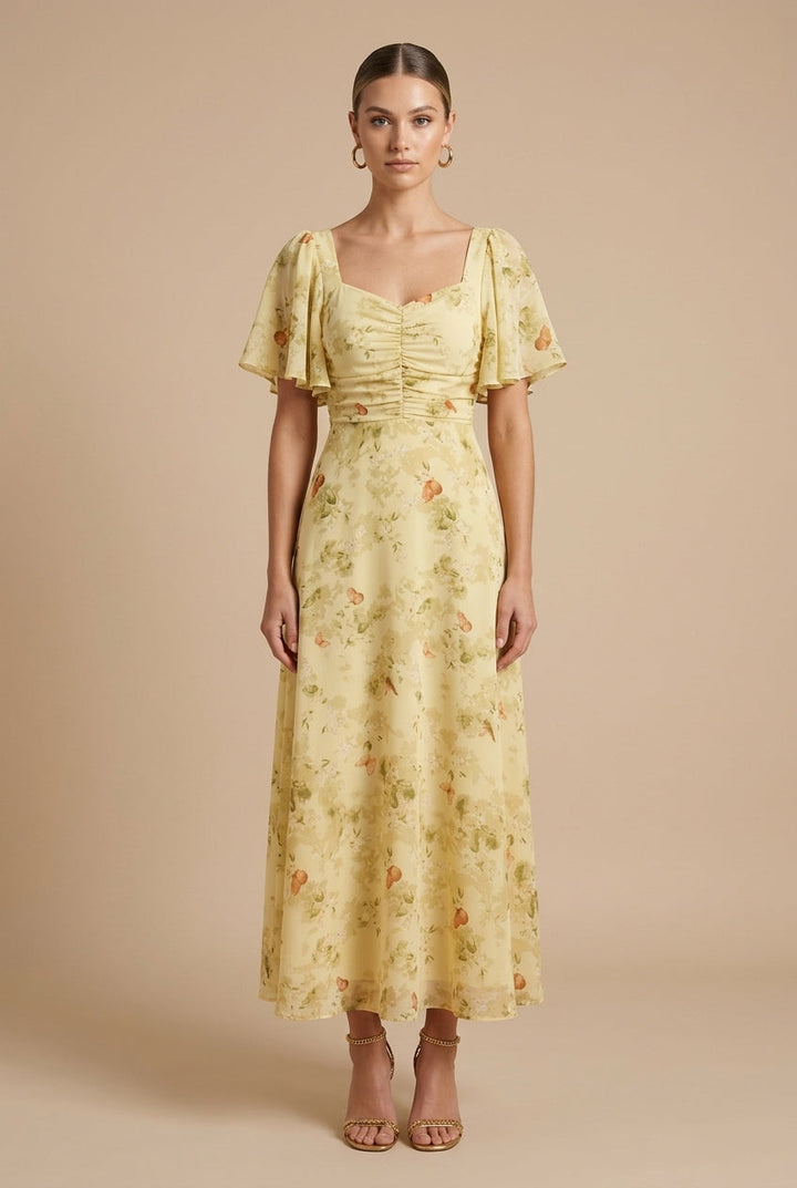 Maxikleid für Damen – Geblümt mit eckigem Ausschnitt und Volantärmeln 1