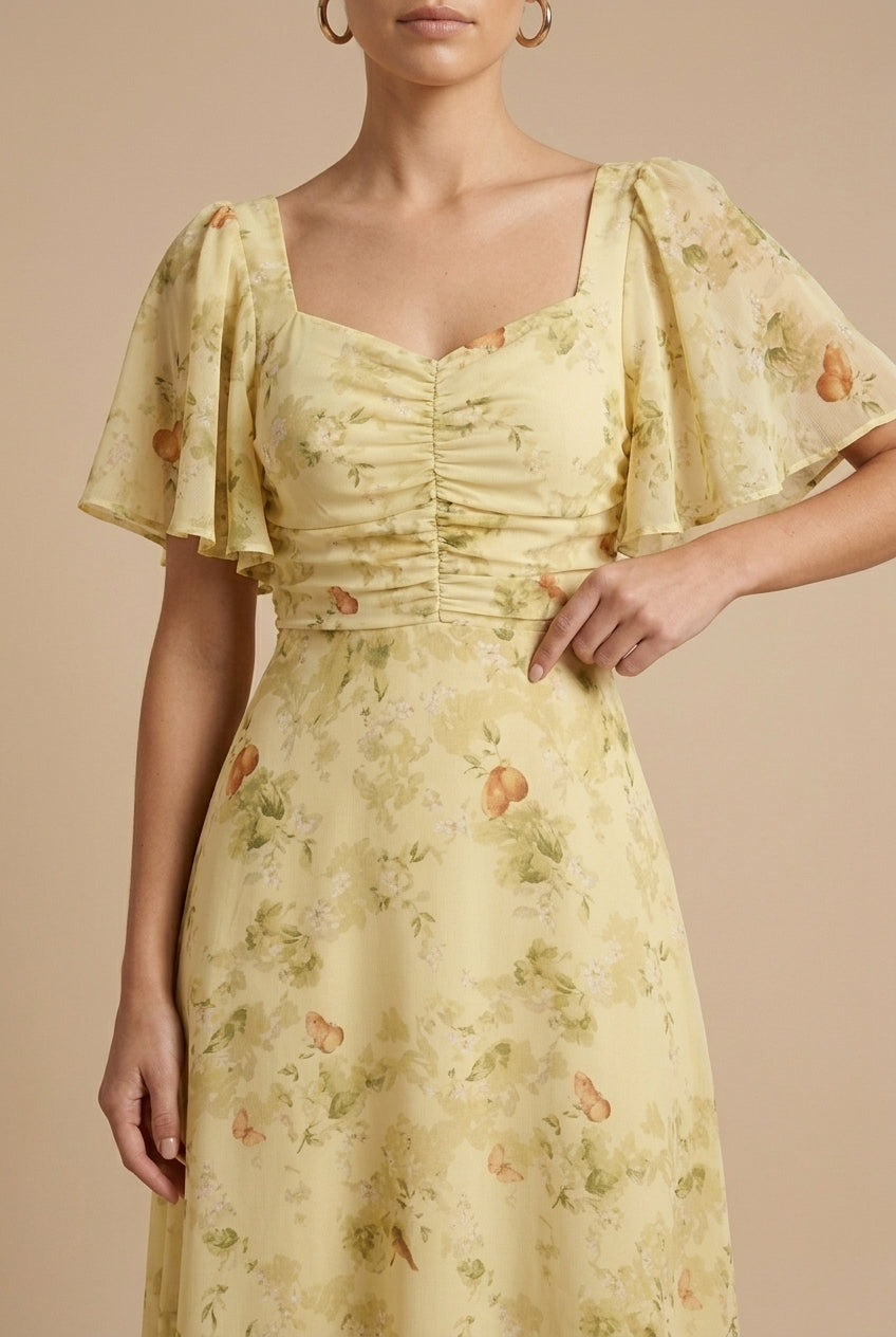 Maxikleid für Damen – Geblümt mit eckigem Ausschnitt und Volantärmeln 4