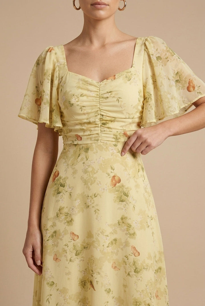 Maxikleid für Damen – Geblümt mit eckigem Ausschnitt und Volantärmeln 4