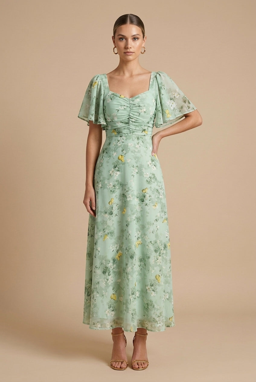Maxikleid für Damen – Geblümt mit eckigem Ausschnitt und Volantärmeln 5