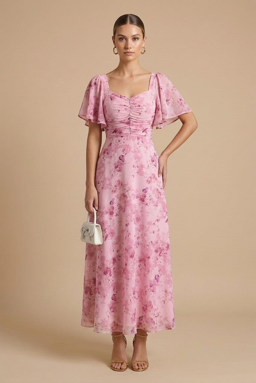 Maxikleid für Damen – Geblümt mit eckigem Ausschnitt und Volantärmeln 7