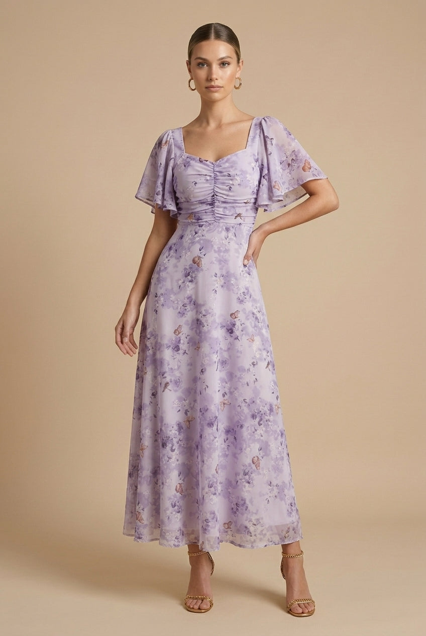 Maxikleid für Damen – Geblümt mit eckigem Ausschnitt und Volantärmeln 8