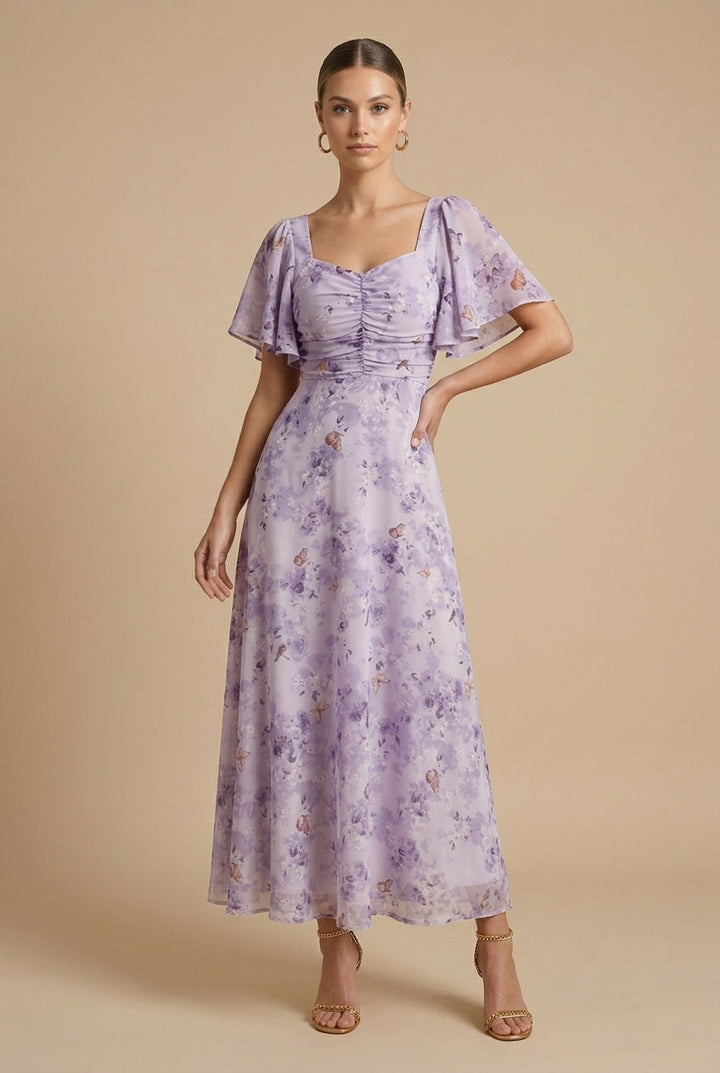 Maxikleid für Damen – Geblümt mit eckigem Ausschnitt und Volantärmeln 8