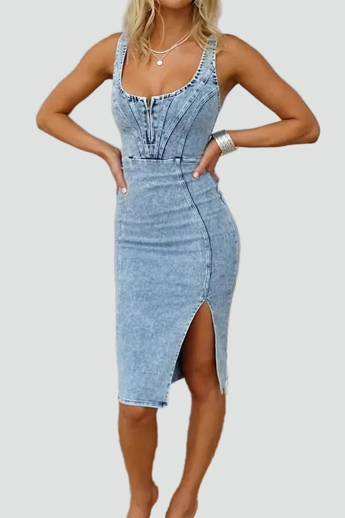 Midi-Jeanskleid für Damen – mit Korsettdesign und Beinschlitz 1