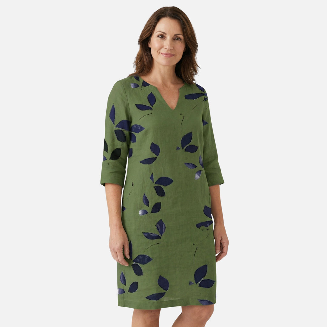 Midikleid mit V-Ausschnitt, 3/4-Ärmeln und Blättermuster für Damen