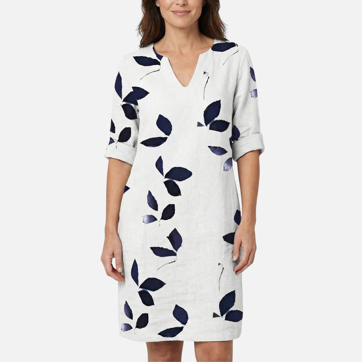 Midikleid mit V-Ausschnitt, 3/4-Ärmeln und Blättermuster für Damen