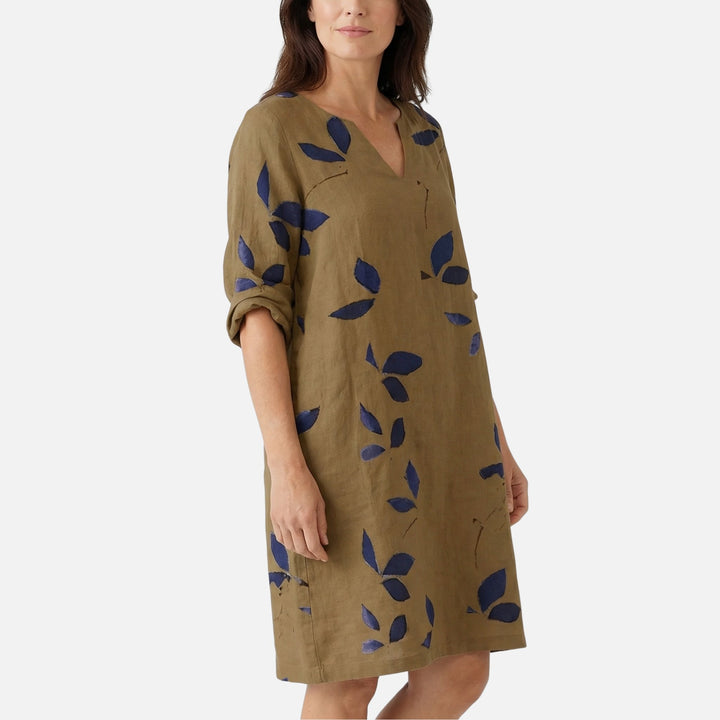 Midikleid mit V-Ausschnitt, 3/4-Ärmeln und Blättermuster für Damen