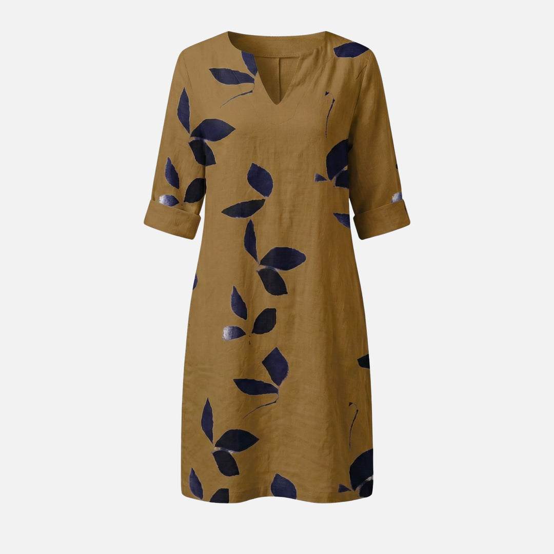 Midikleid mit V-Ausschnitt, 3/4-Ärmeln und Blättermuster für Damen