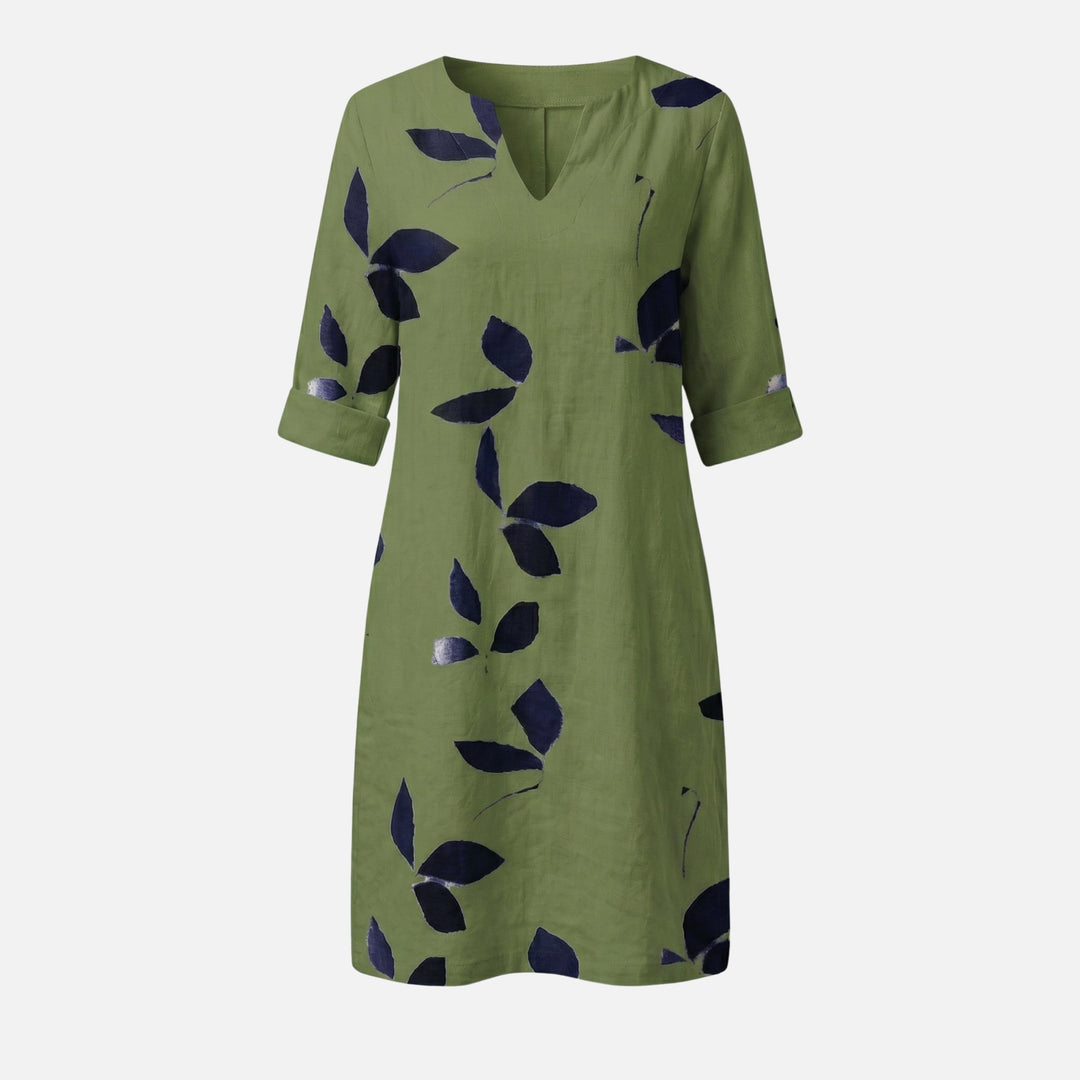Midikleid mit V-Ausschnitt, 3/4-Ärmeln und Blättermuster für Damen