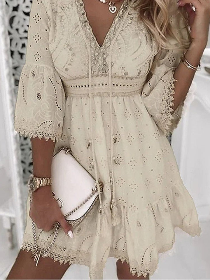 Minikleid fuer Damen Boho V Ausschnitt Spitzen Glockenaermel 1