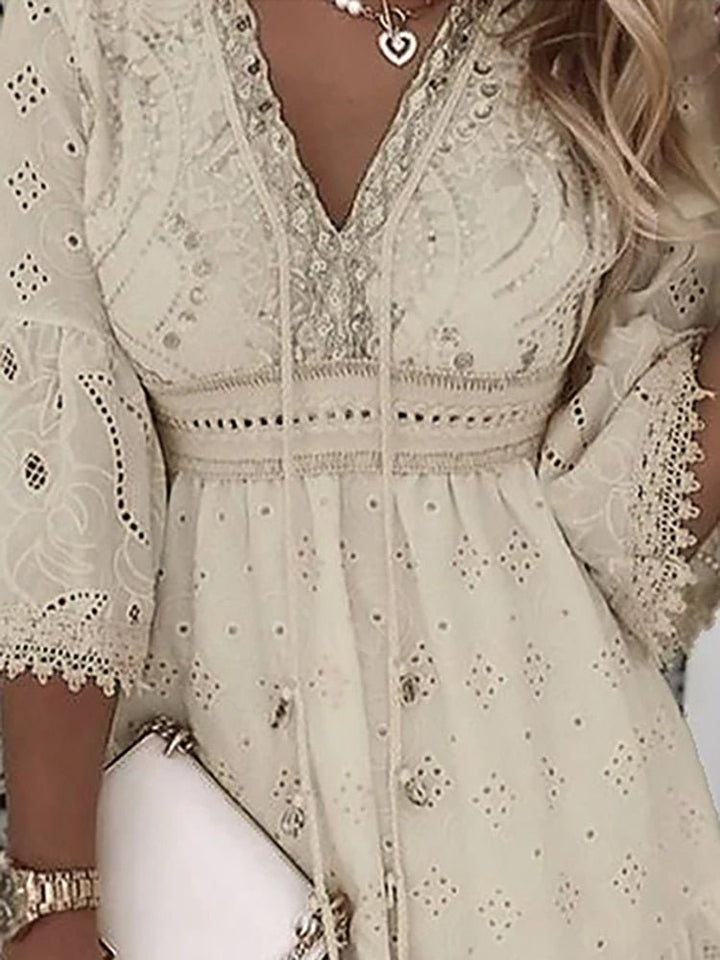 Minikleid fuer Damen Boho V Ausschnitt Spitzen Glockenaermel 2