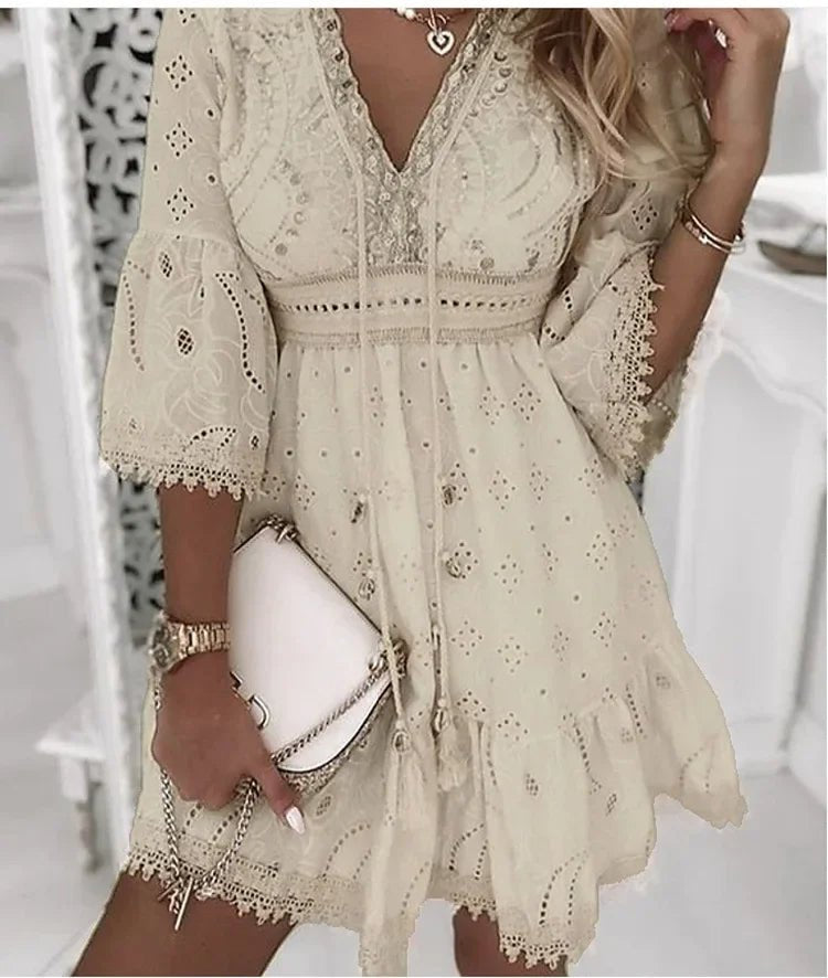 Minikleid fuer Damen Boho V Ausschnitt Spitzen Glockenaermel 3