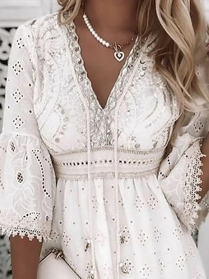 Minikleid fuer Damen Boho V Ausschnitt Spitzen Glockenaermel 5