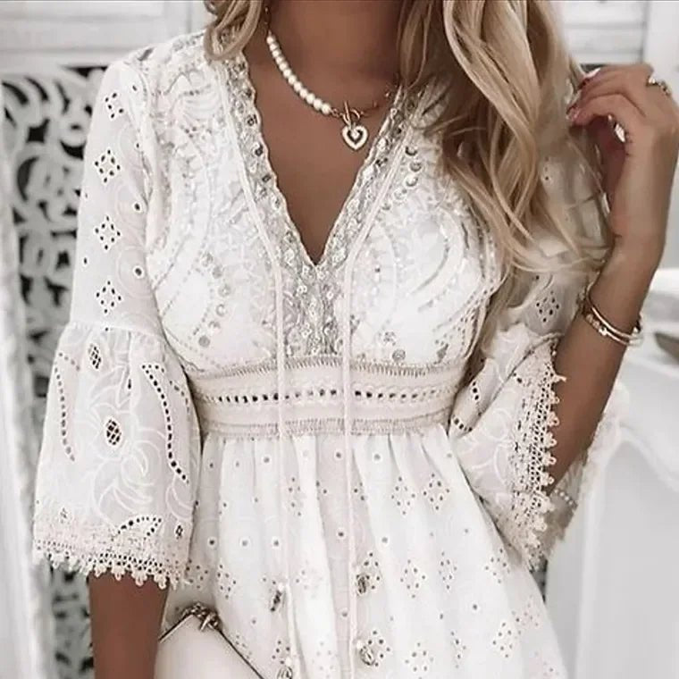 Minikleid fuer Damen Boho V Ausschnitt Spitzen Glockenaermel 6