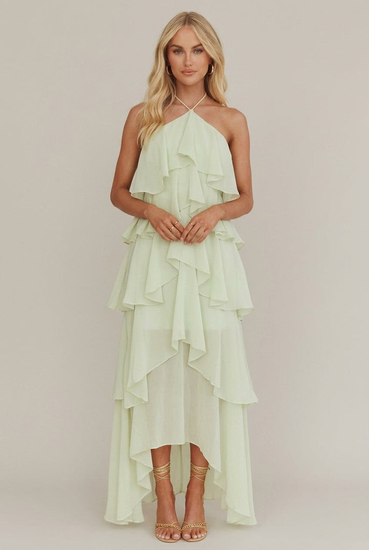 Neckholder-Maxikleid für Damen – Geblümt mit Rüschen und Stufen 1