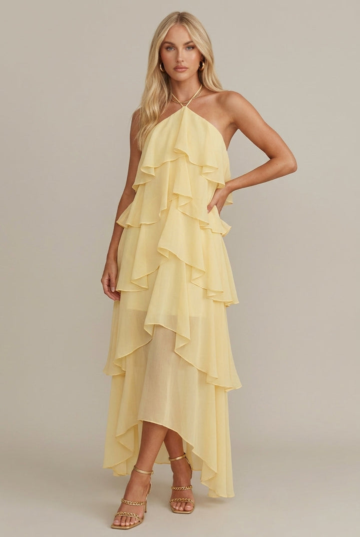Neckholder-Maxikleid für Damen – Geblümt mit Rüschen und Stufen 5
