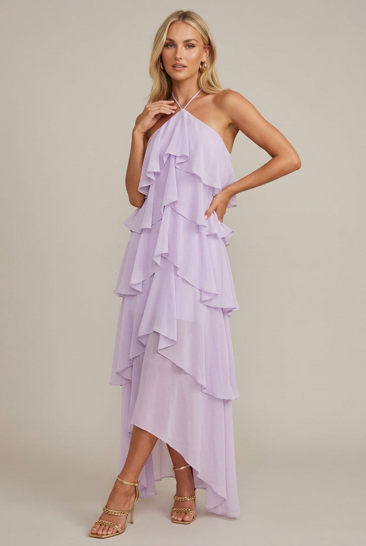 Neckholder-Maxikleid für Damen – Geblümt mit Rüschen und Stufen 6