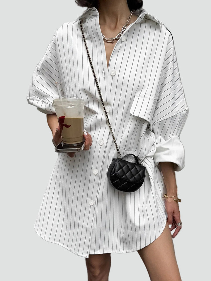 Oversized-Bluse für Damen – Langes Design mit Streifen und Taschen 1
