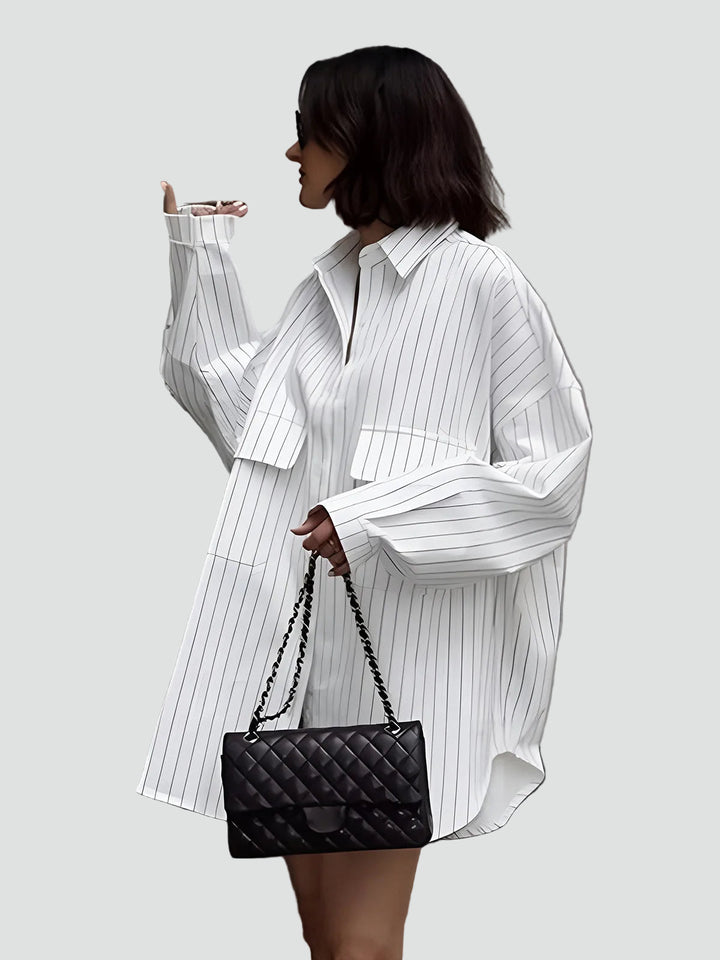 Oversized-Bluse für Damen – Langes Design mit Streifen und Taschen 2