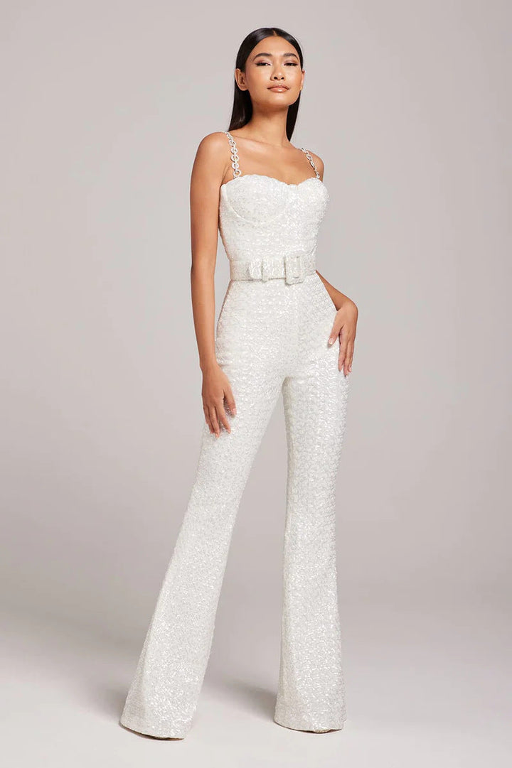 Pailletten Jumpsuit mit weitem Bein und Spaghettitraegern fuer Damen 5