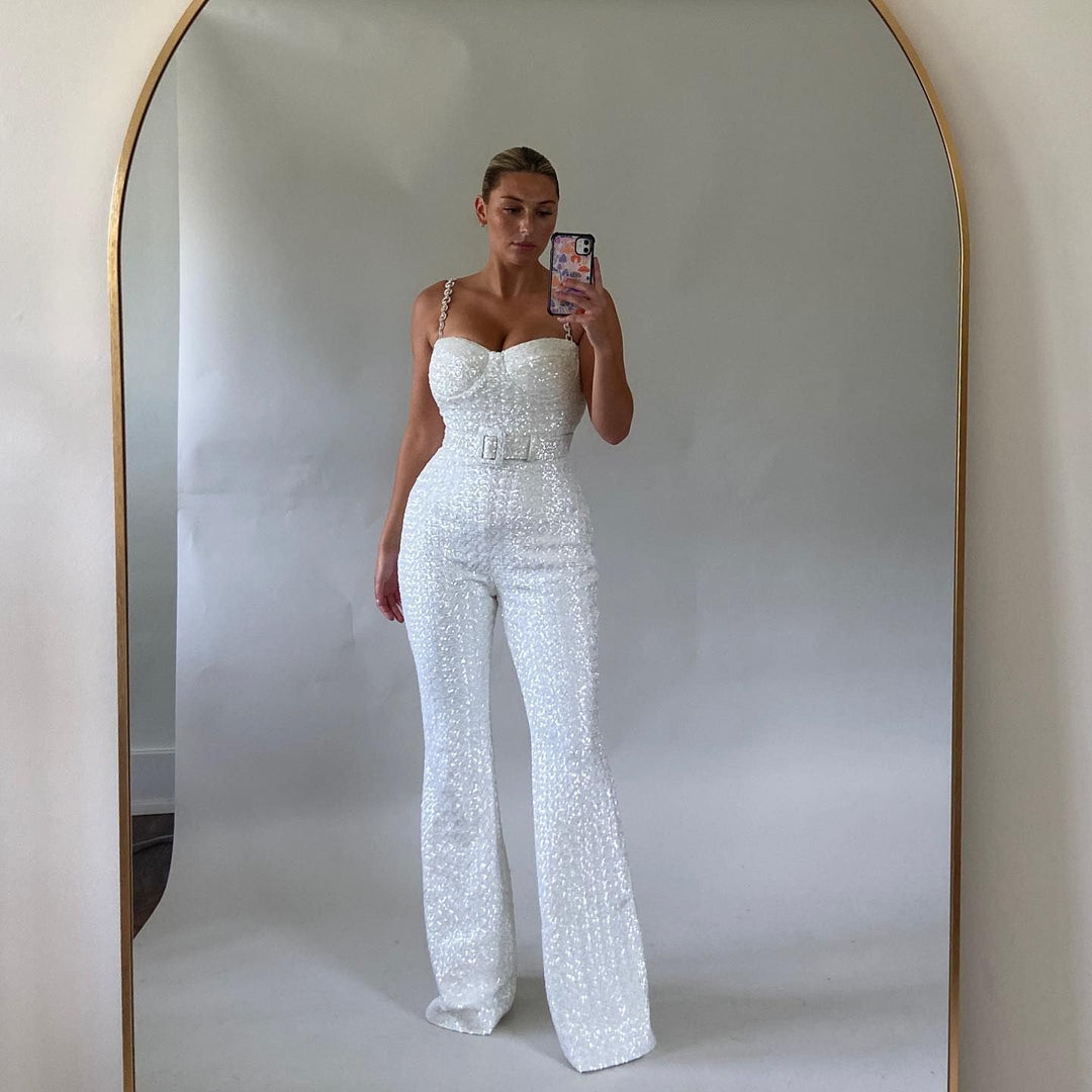 Pailletten Jumpsuit mit weitem Bein und Spaghettitraegern fuer Damen 6