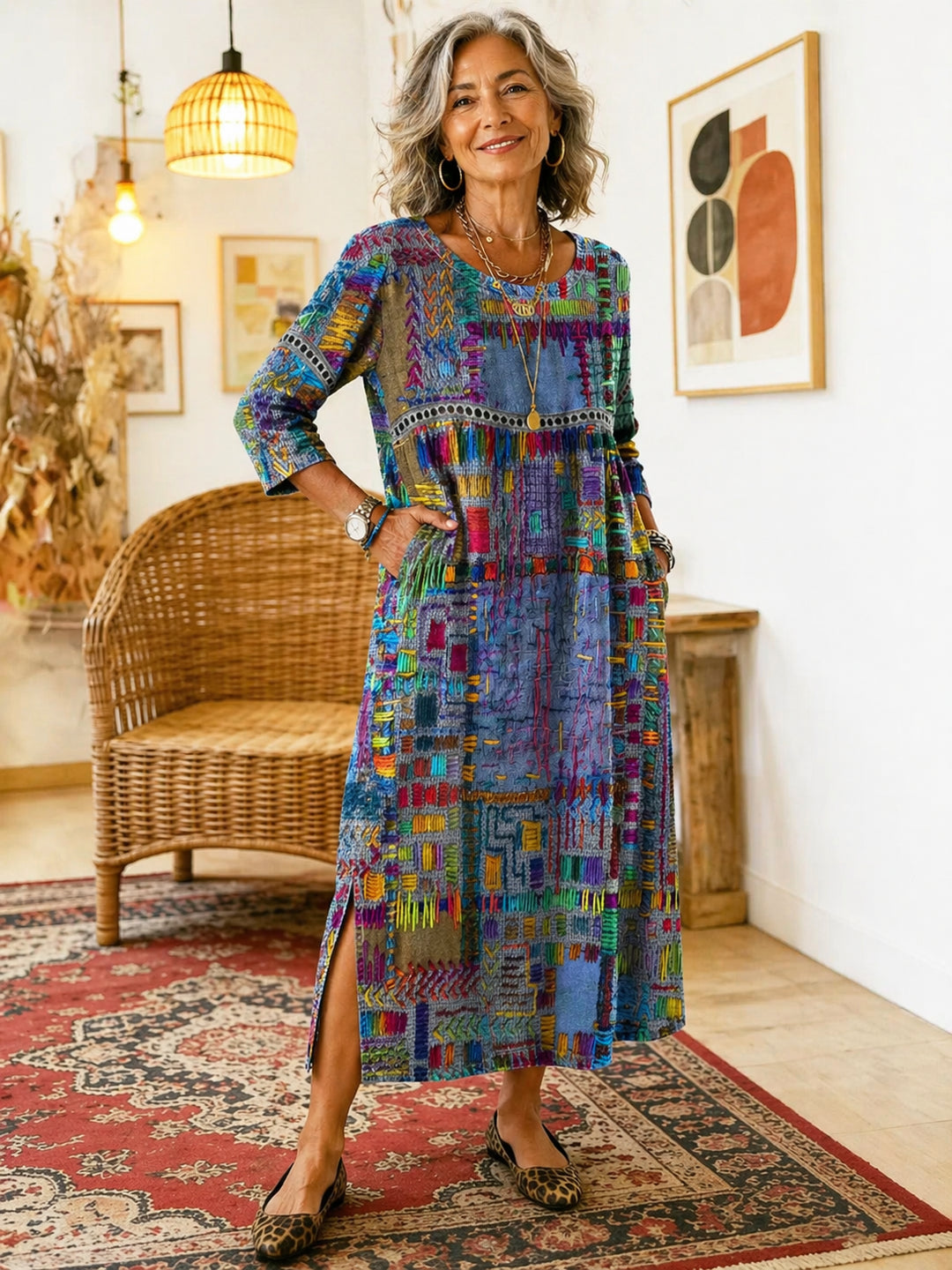 Patchwork-Kleid für Damen – Im Ethno-Stil mit farbenfrohen Mustern 1