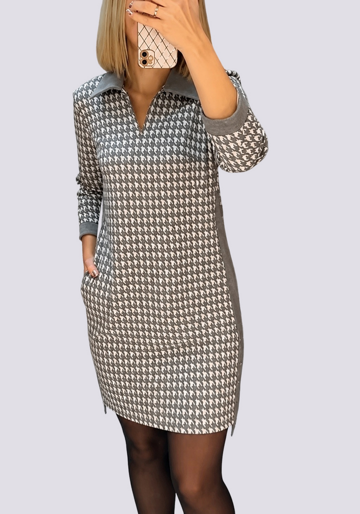 Polokragen_Mini_Kleid_f_r_Damen_Hahnentrittmuster_mit_Rei_verschluss_1