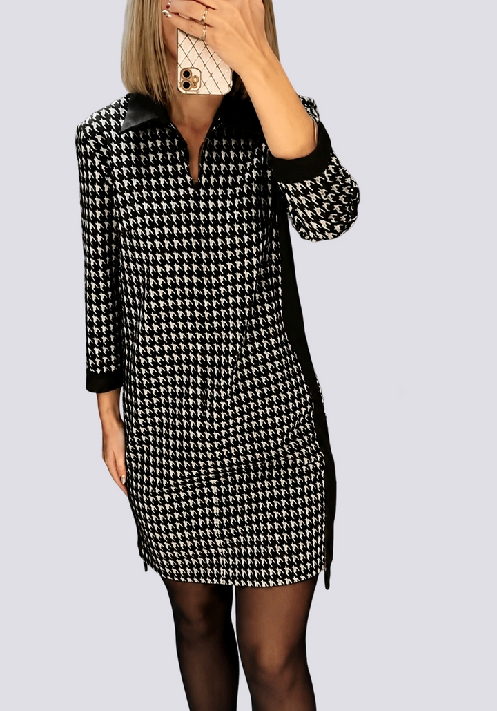 Polokragen_Mini_Kleid_f_r_Damen_Hahnentrittmuster_mit_Rei_verschluss_2