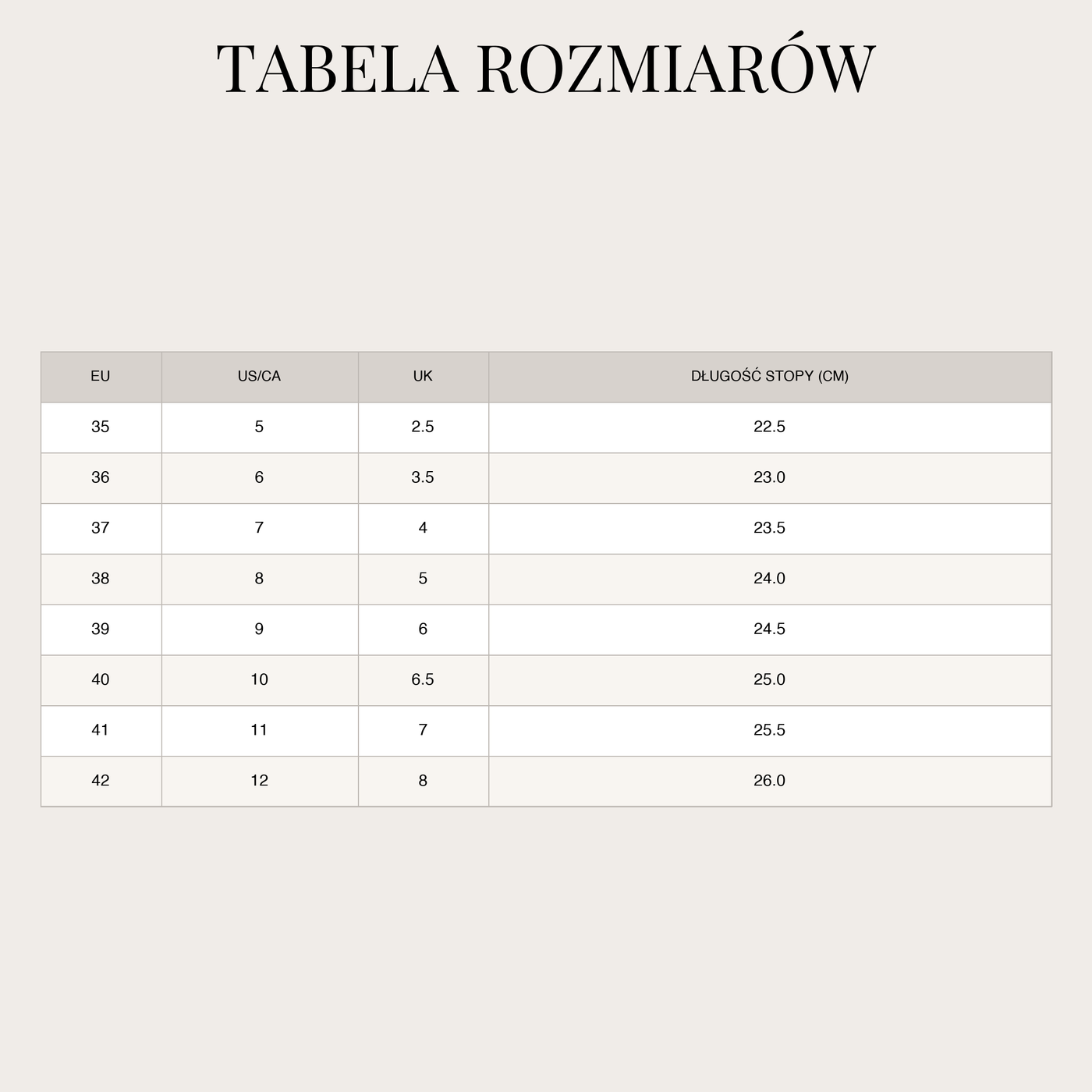 Czółenka damskie – szpiczaste z paskiem na kostce i na słupku size chart