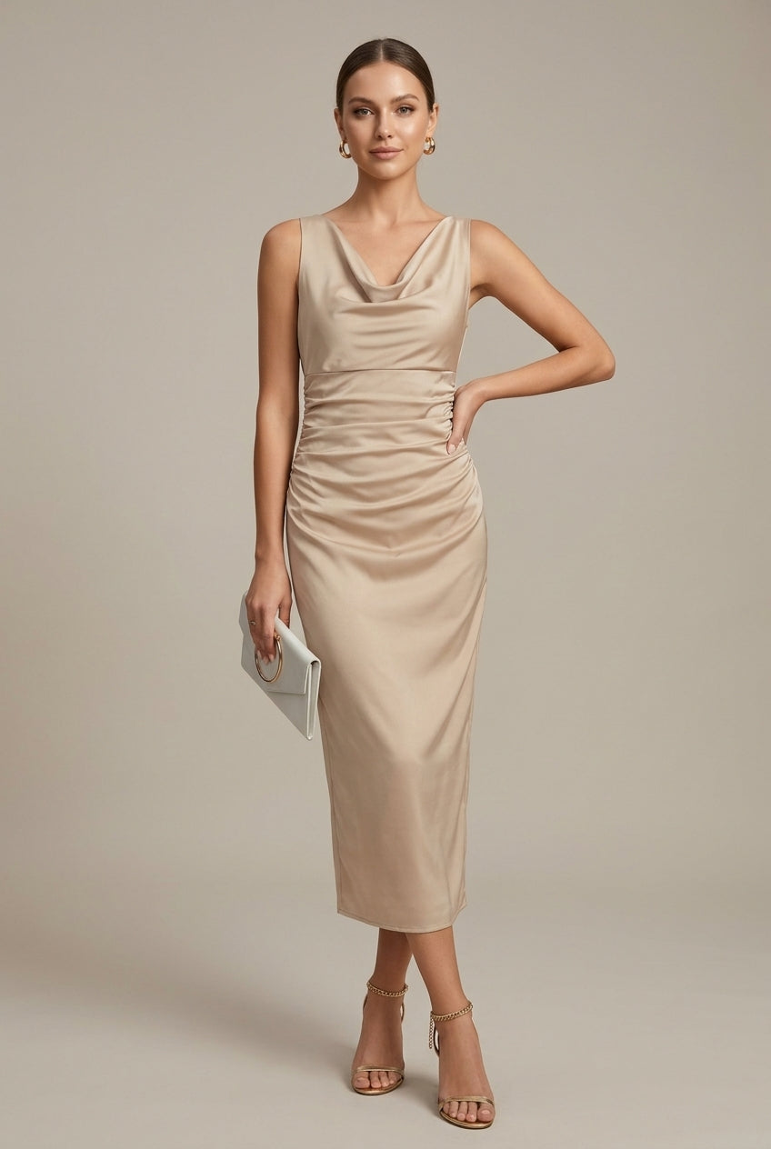 Satin-Midikleid für Damen – Mit Wasserfallkragen und elegantem Fall 1