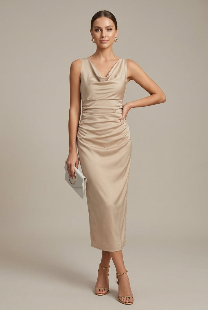 Satin-Midikleid für Damen – Mit Wasserfallkragen und elegantem Fall 1
