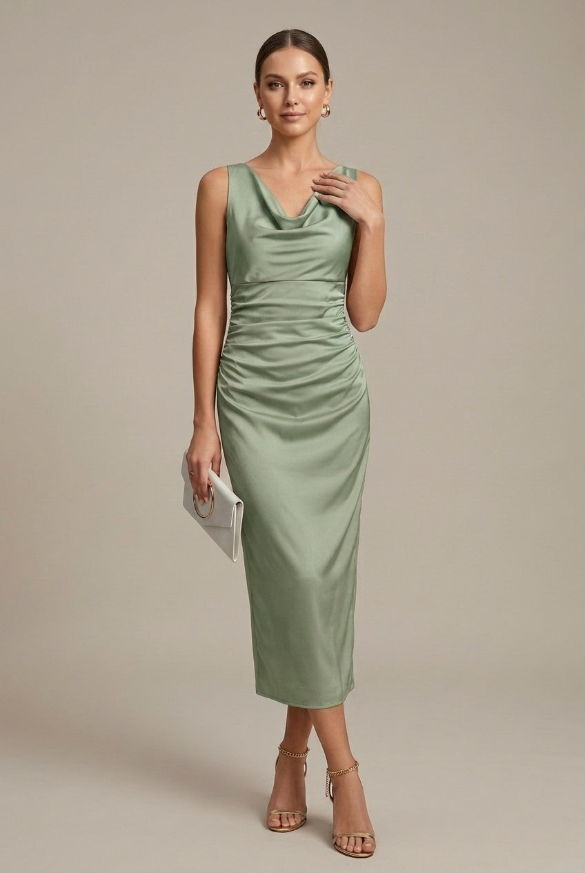 Satin-Midikleid für Damen – Mit Wasserfallkragen und elegantem Fall 5