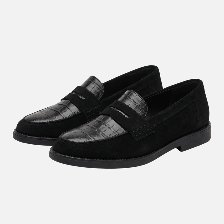 Schwarze Kroko Optik Loafer mit schmalem Schnitt für Damen