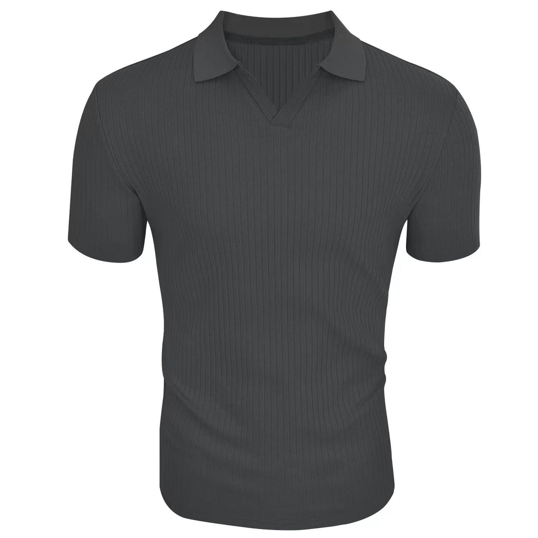 Slim Fit Geripptes Poloshirt mit V Ausschnitt und Kentkragen fuer Herren 10