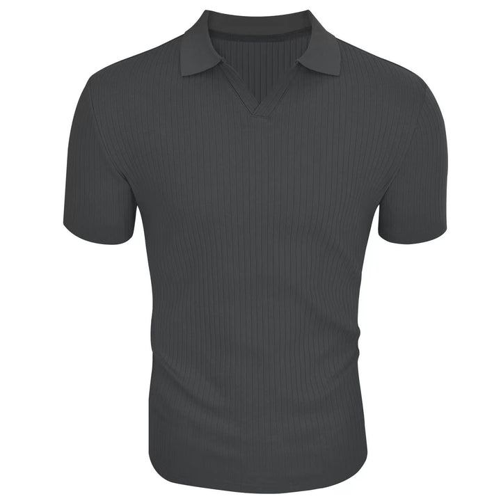 Slim Fit Geripptes Poloshirt mit V Ausschnitt und Kentkragen fuer Herren 10