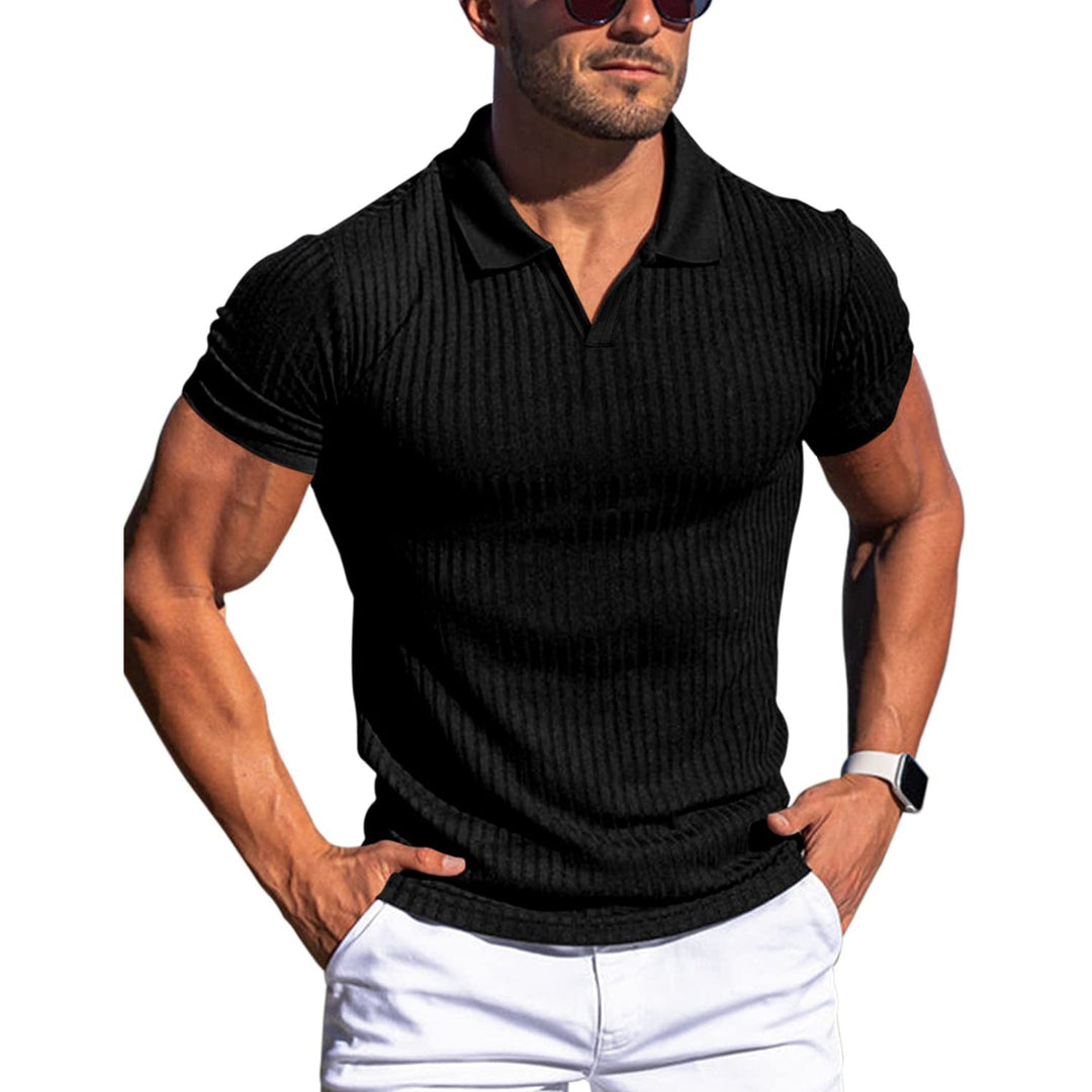Slim Fit Geripptes Poloshirt mit V Ausschnitt und Kentkragen fuer Herren 13