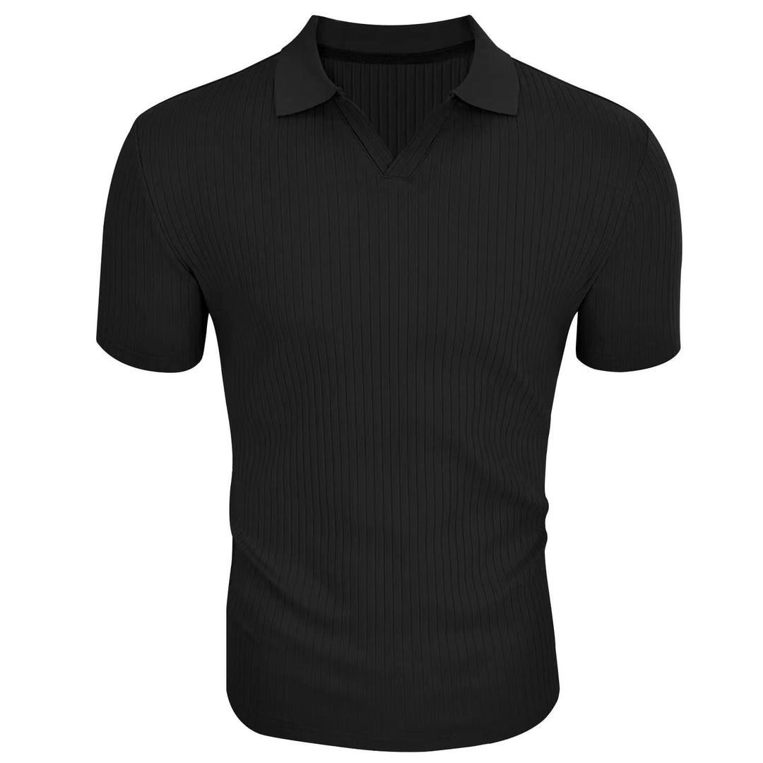 Slim Fit Geripptes Poloshirt mit V Ausschnitt und Kentkragen fuer Herren 14