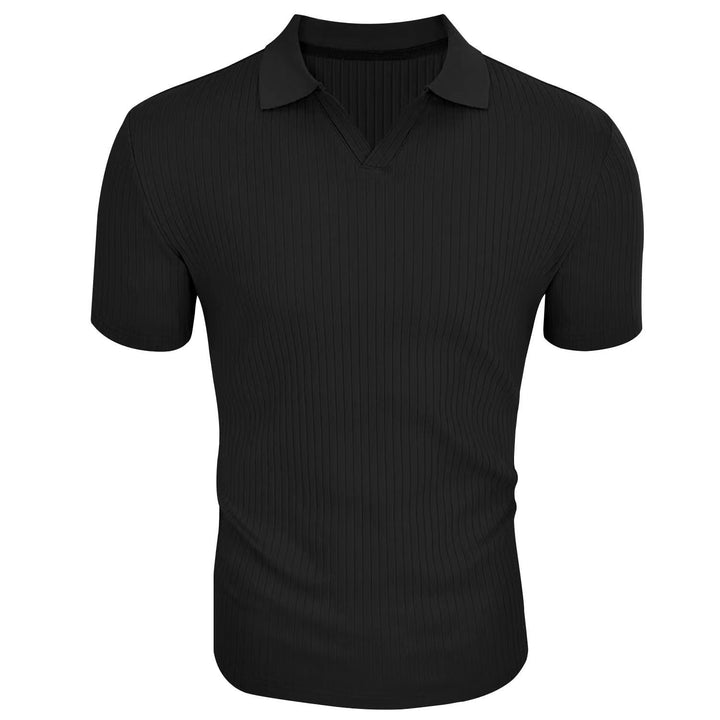 Slim Fit Geripptes Poloshirt mit V Ausschnitt und Kentkragen fuer Herren 14