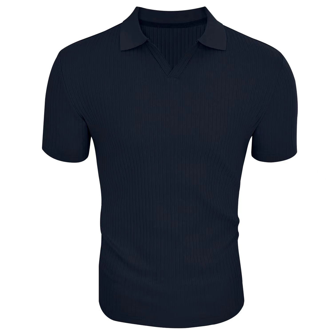Slim Fit Geripptes Poloshirt mit V Ausschnitt und Kentkragen fuer Herren 15