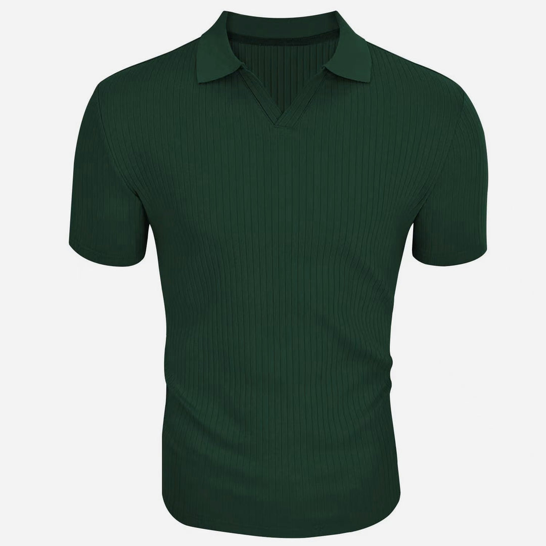 Slim Fit Geripptes Poloshirt mit V Ausschnitt und Kentkragen fuer Herren 8