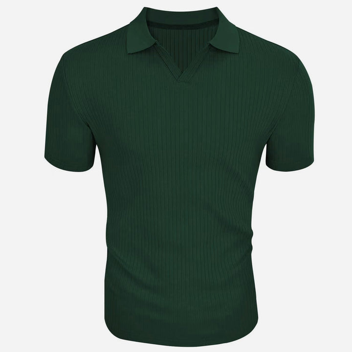 Slim Fit Geripptes Poloshirt mit V Ausschnitt und Kentkragen fuer Herren 8