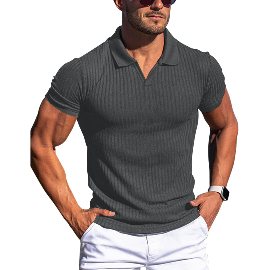 Slim Fit Geripptes Poloshirt mit V Ausschnitt und Kentkragen fuer Herren 9