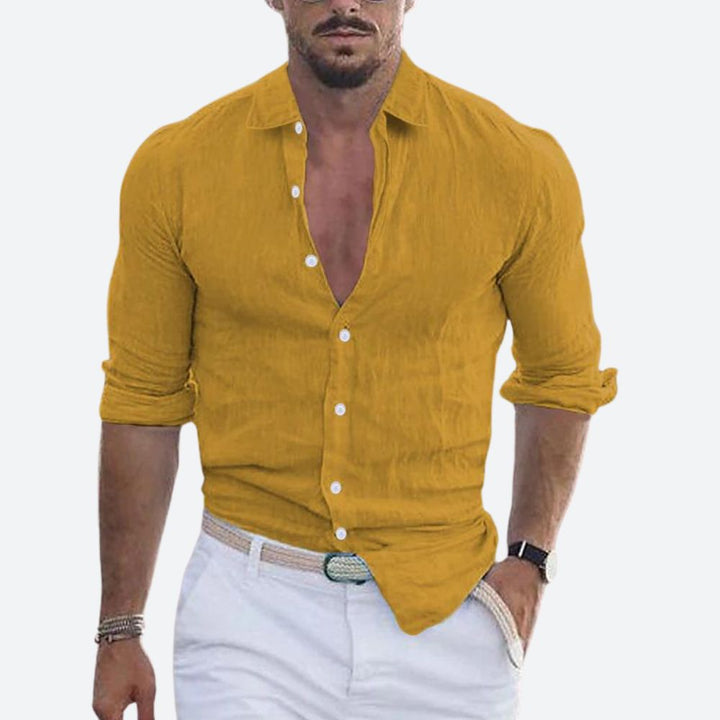 Slim Fit Sommer Leinenhemd mit offenem Kragen fuer Herren 2