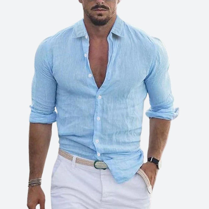 Slim Fit Sommer Leinenhemd mit offenem Kragen fuer Herren 4